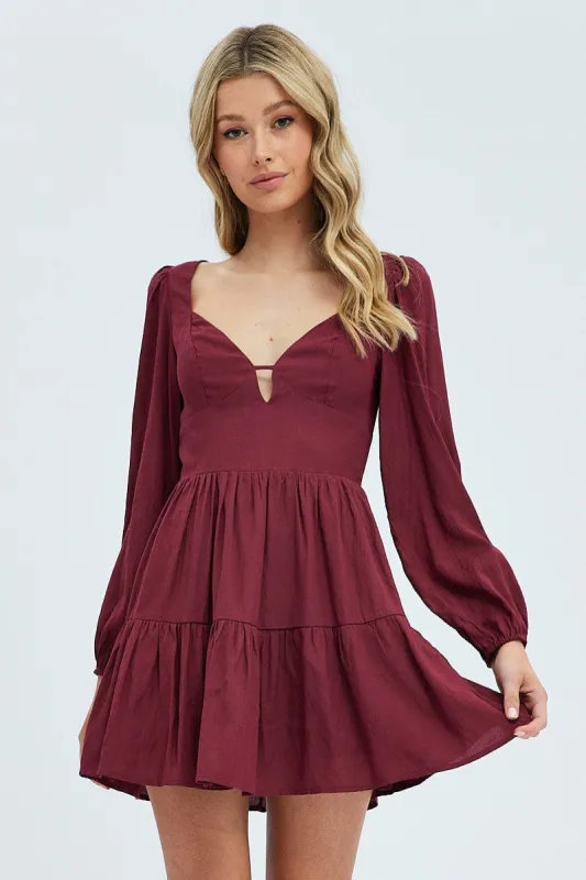 Purple Fit And Flare Dress Long Sleeve Mini sold by Ally Fashion