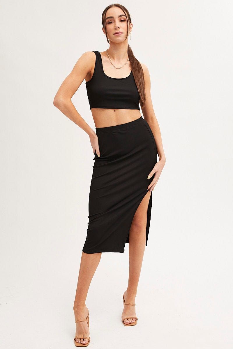 Black Midi Skirt Front Split Jersey sold by Ally Fashion