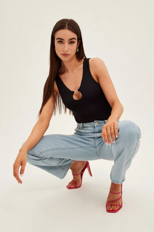 Black Bodysuit Sleeveless Notched Neck Chain-Link sold by Ally Fashion
