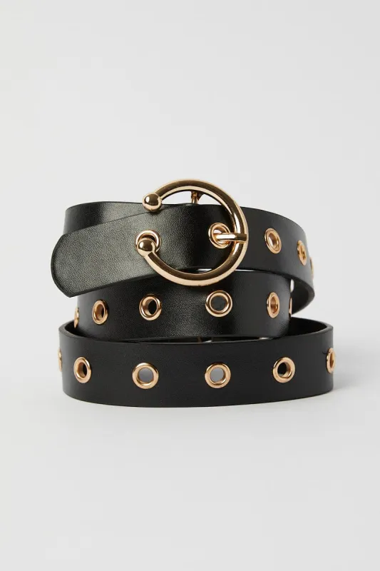 Black Circle Buckle Belt with Eyelet Detail sold by Ally Fashion