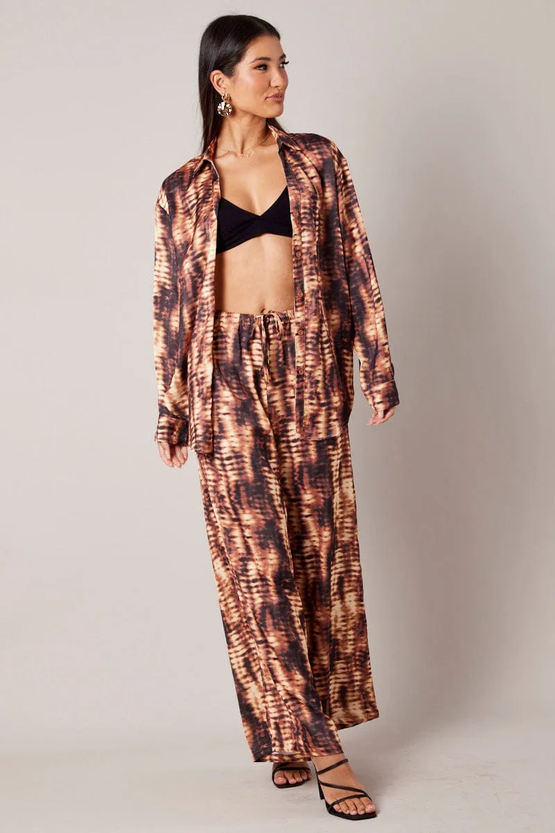 Brown Abstract Wide Leg Pants High Rise Satin sold by Ally Fashion product image thumbnail 2