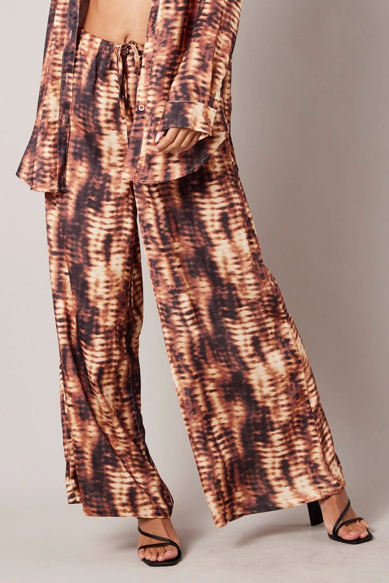 Brown Abstract Wide Leg Pants High Rise Satin sold by Ally Fashion product image thumbnail 3