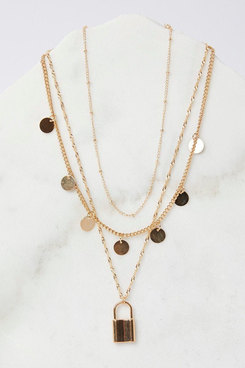 Gold Lock Charm Layered Necklace sold by Ally Fashion