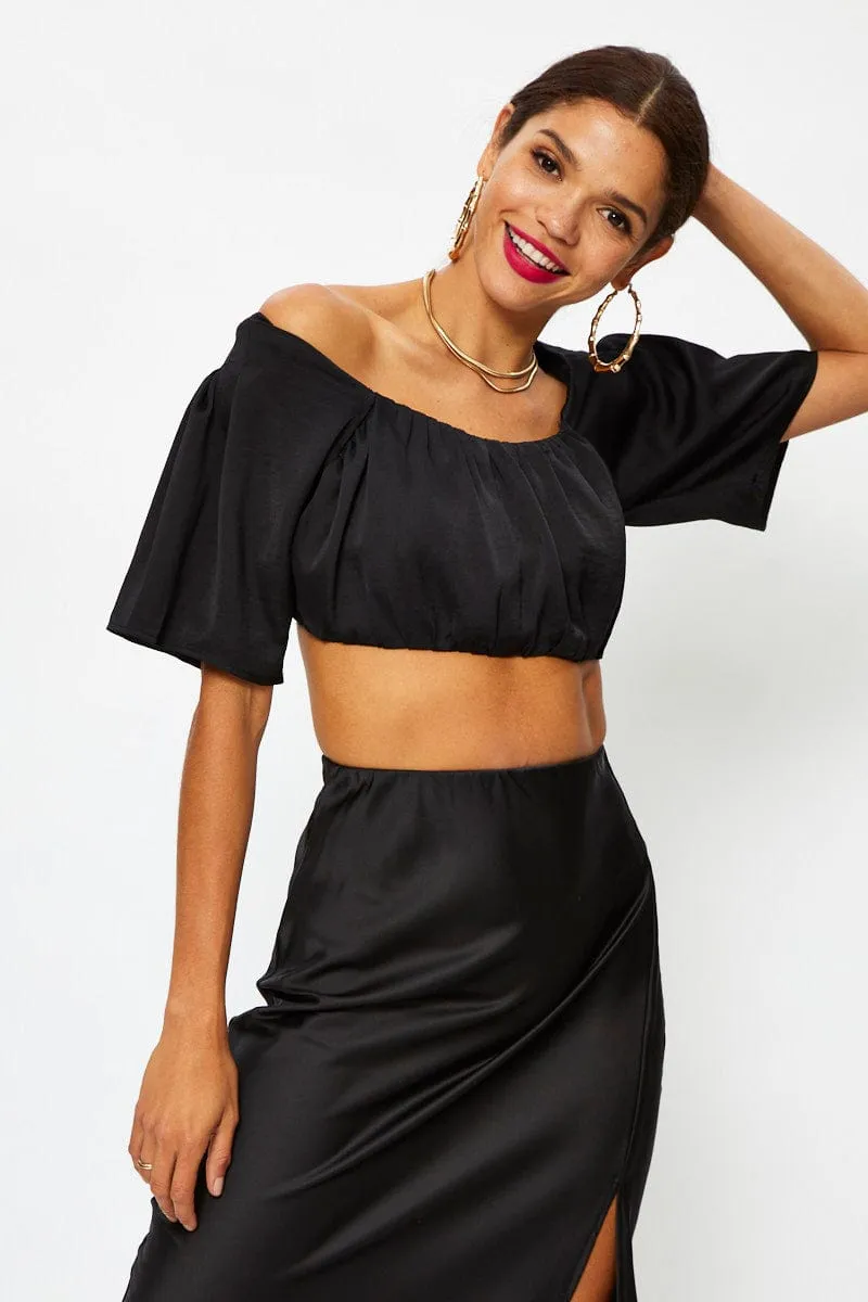 Black Crop Top Short Sleeve Satin sold by Ally Fashion product image thumbnail 2