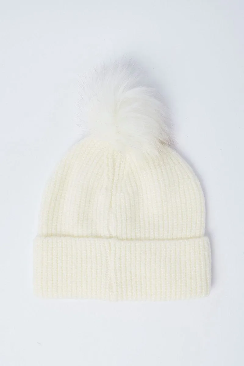 White Faux Fur Pom Pom Beanie sold by Ally Fashion