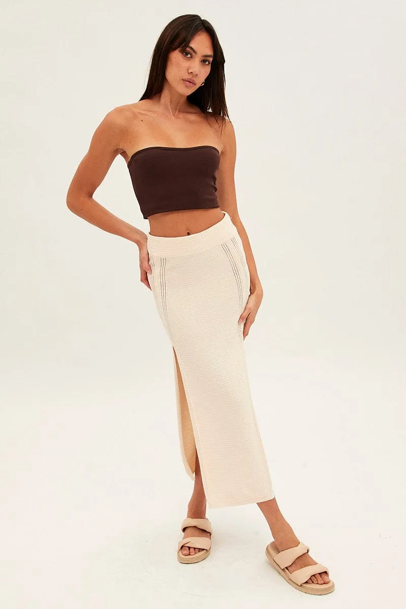 Beige Midi Skirt Knit Front Split sold by Ally Fashion