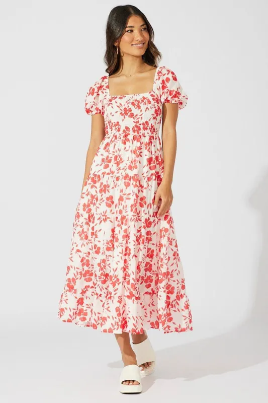 Red Floral Maxi Dress Short Sleeve Shirred Tiered sold by Ally Fashion