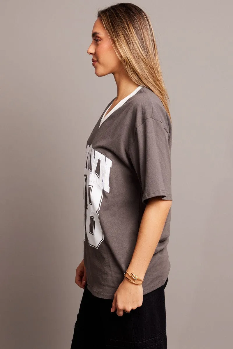Grey Graphic Tee V Neck Short Sleeve sold by Ally Fashion product image thumbnail 4