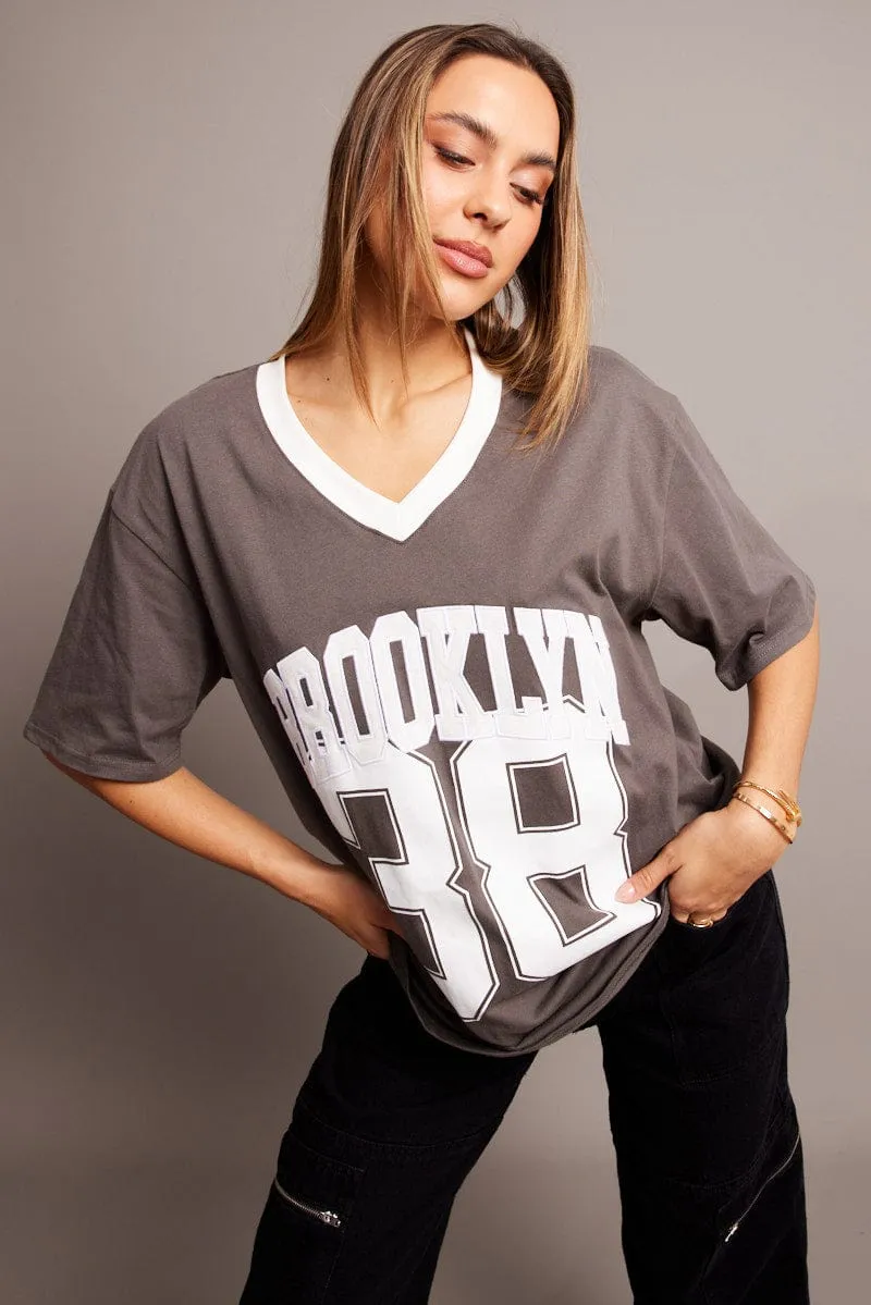 Grey Graphic Tee V Neck Short Sleeve sold by Ally Fashion
