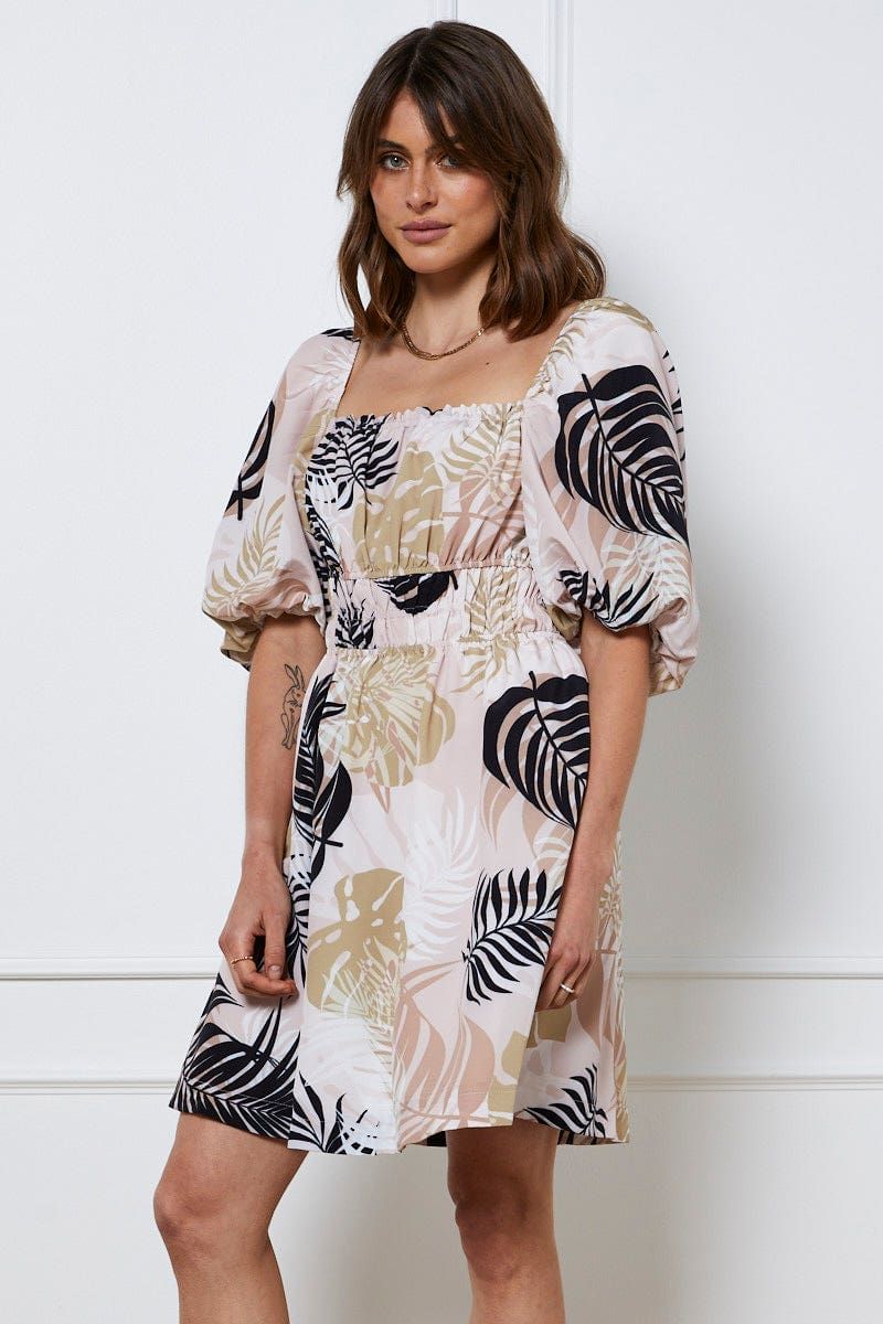 Trop Print Mini Dress Short Sleeve Square Neck sold by Ally Fashion