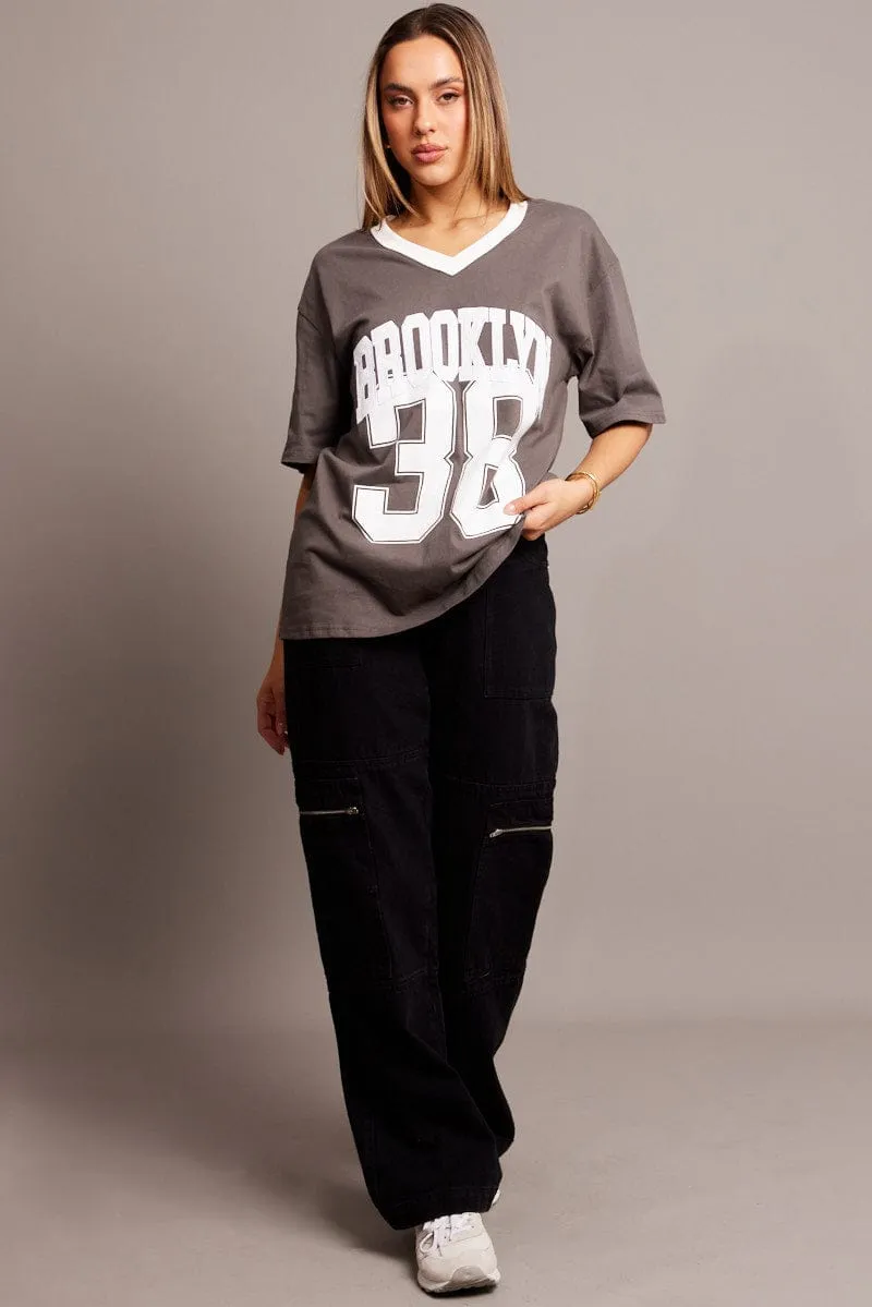 Grey Graphic Tee V Neck Short Sleeve sold by Ally Fashion product image thumbnail 2