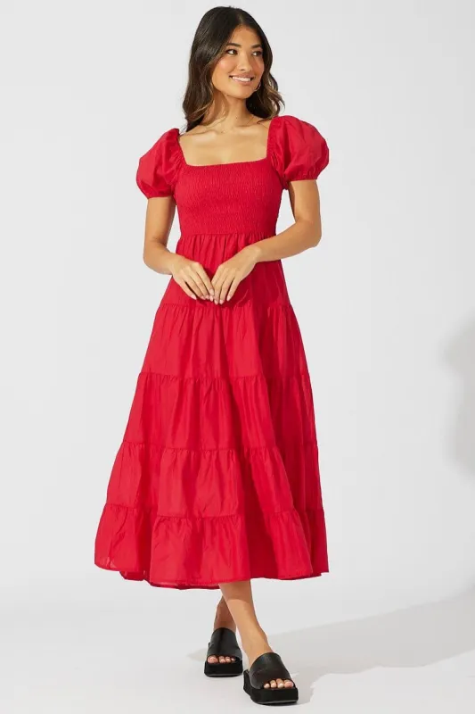 Red Maxi Dress Short Sleeve Shirred Tiered sold by Ally Fashion
