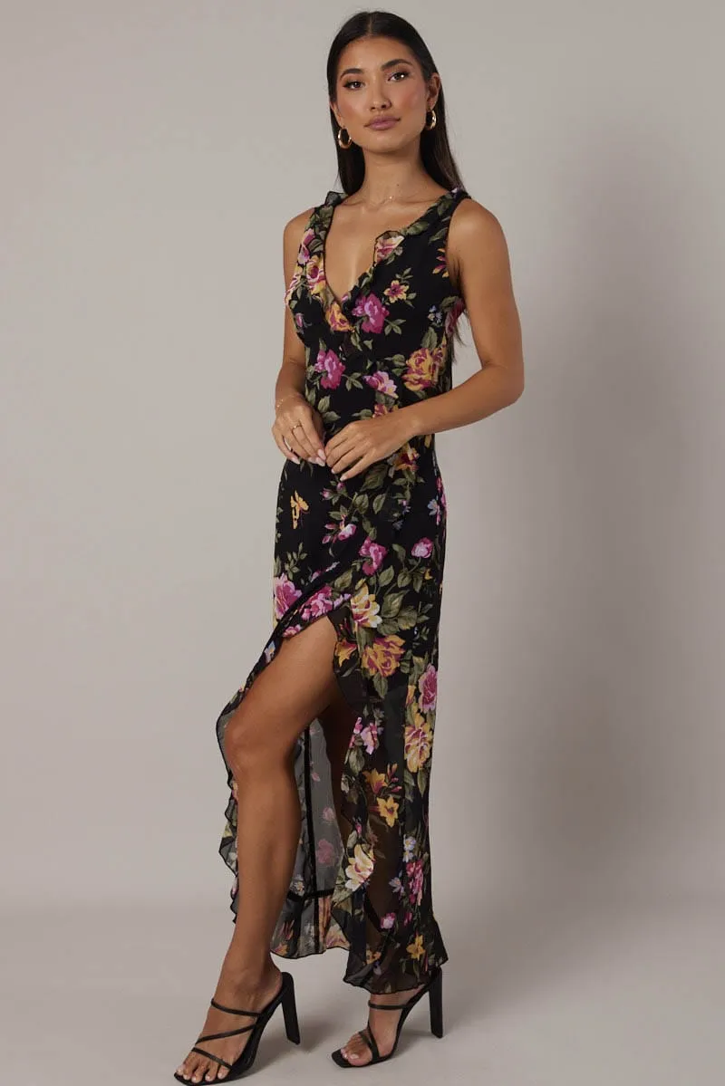 Black Floral Ruffle Midi Dress Wrap Frill Dress sold by Ally Fashion product image thumbnail 4