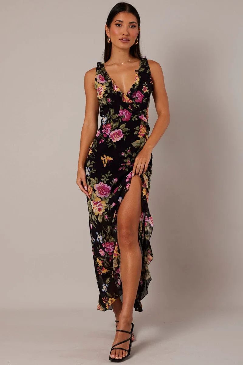 Black Floral Ruffle Midi Dress Wrap Frill Dress sold by Ally Fashion