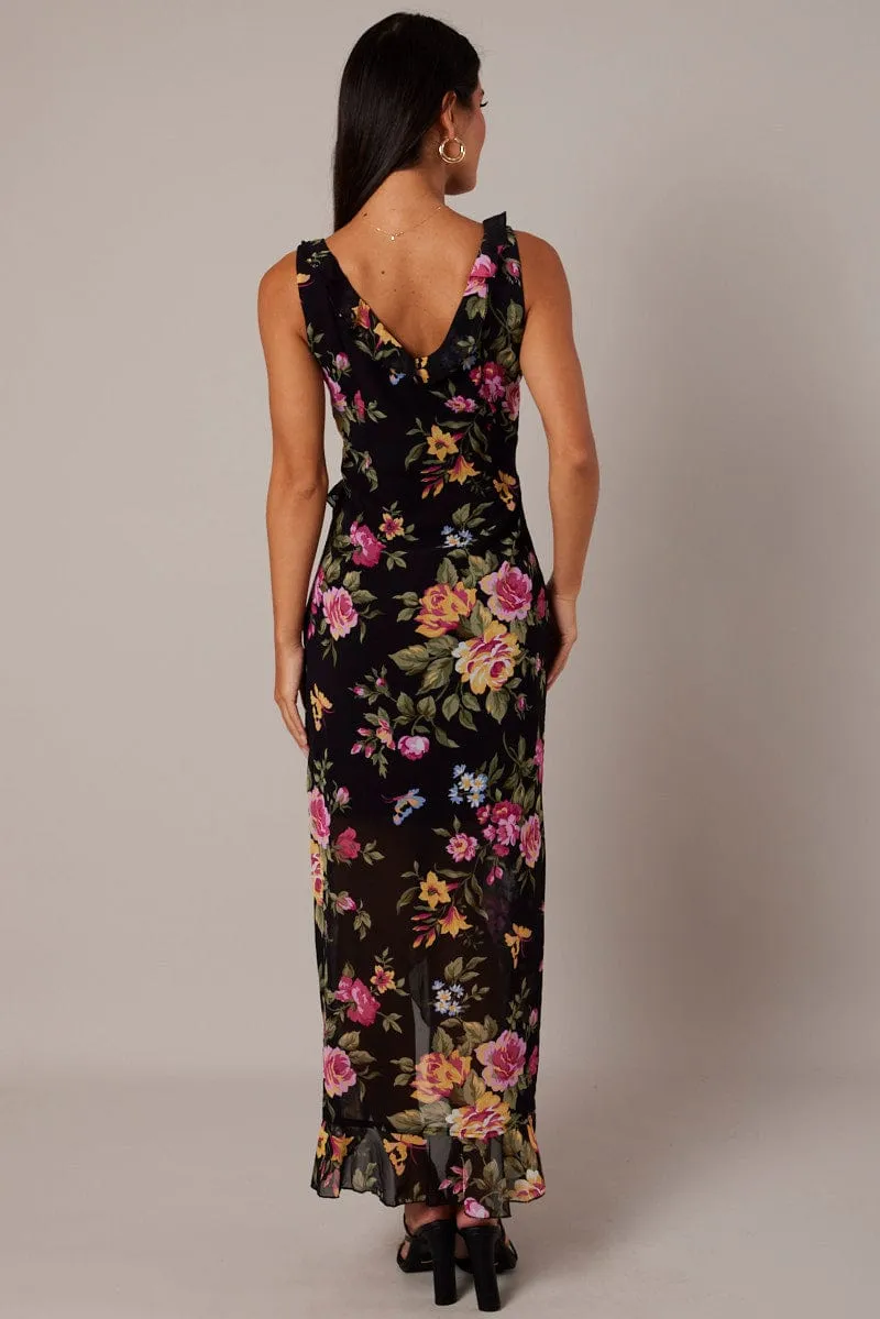 Black Floral Ruffle Midi Dress Wrap Frill Dress sold by Ally Fashion product image thumbnail 5