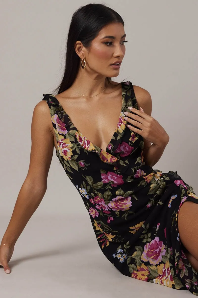 Black Floral Ruffle Midi Dress Wrap Frill Dress sold by Ally Fashion product image thumbnail 2