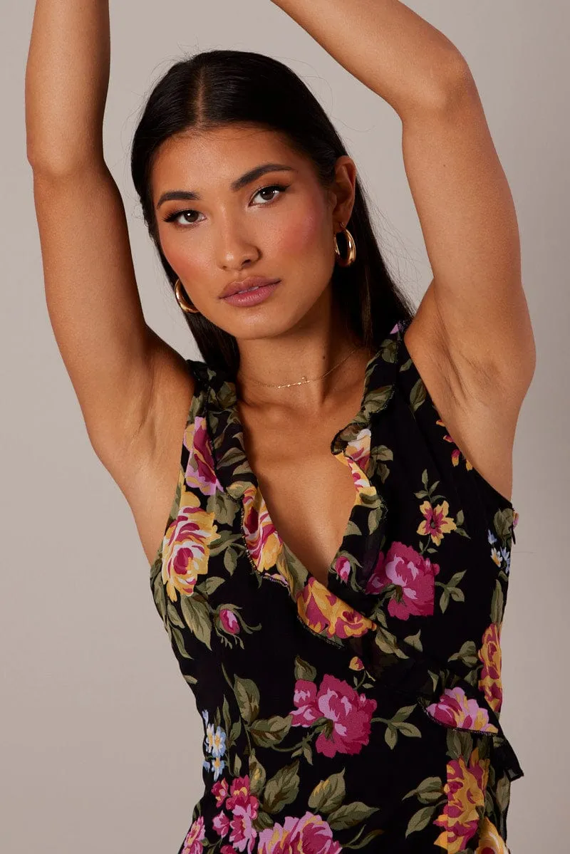 Black Floral Ruffle Midi Dress Wrap Frill Dress sold by Ally Fashion product image thumbnail 3