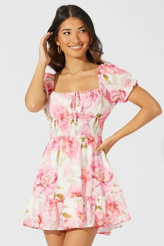 Pink Floral Fit and Flare Dress Short Sleeve Ruched Bust sold by Ally Fashion