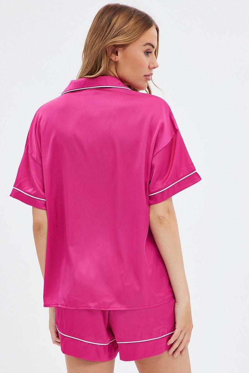 Pink Satin Pj Hot Pink Piping Button Pyjama Set sold by Ally Fashion product image thumbnail 5