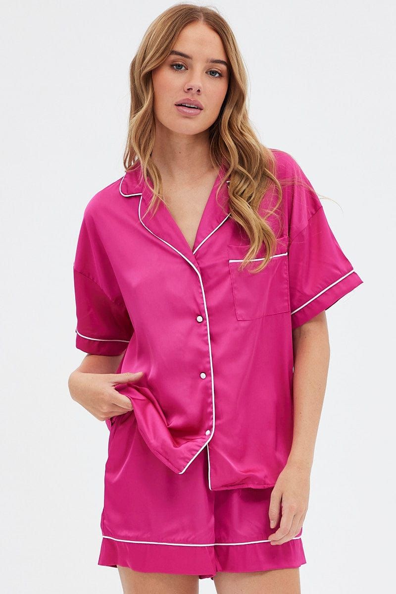 Pink Satin Pj Hot Pink Piping Button Pyjama Set sold by Ally Fashion product image thumbnail 3