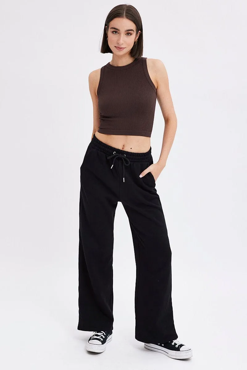 Black Wide Leg Track Pants High Rise sold by Ally Fashion