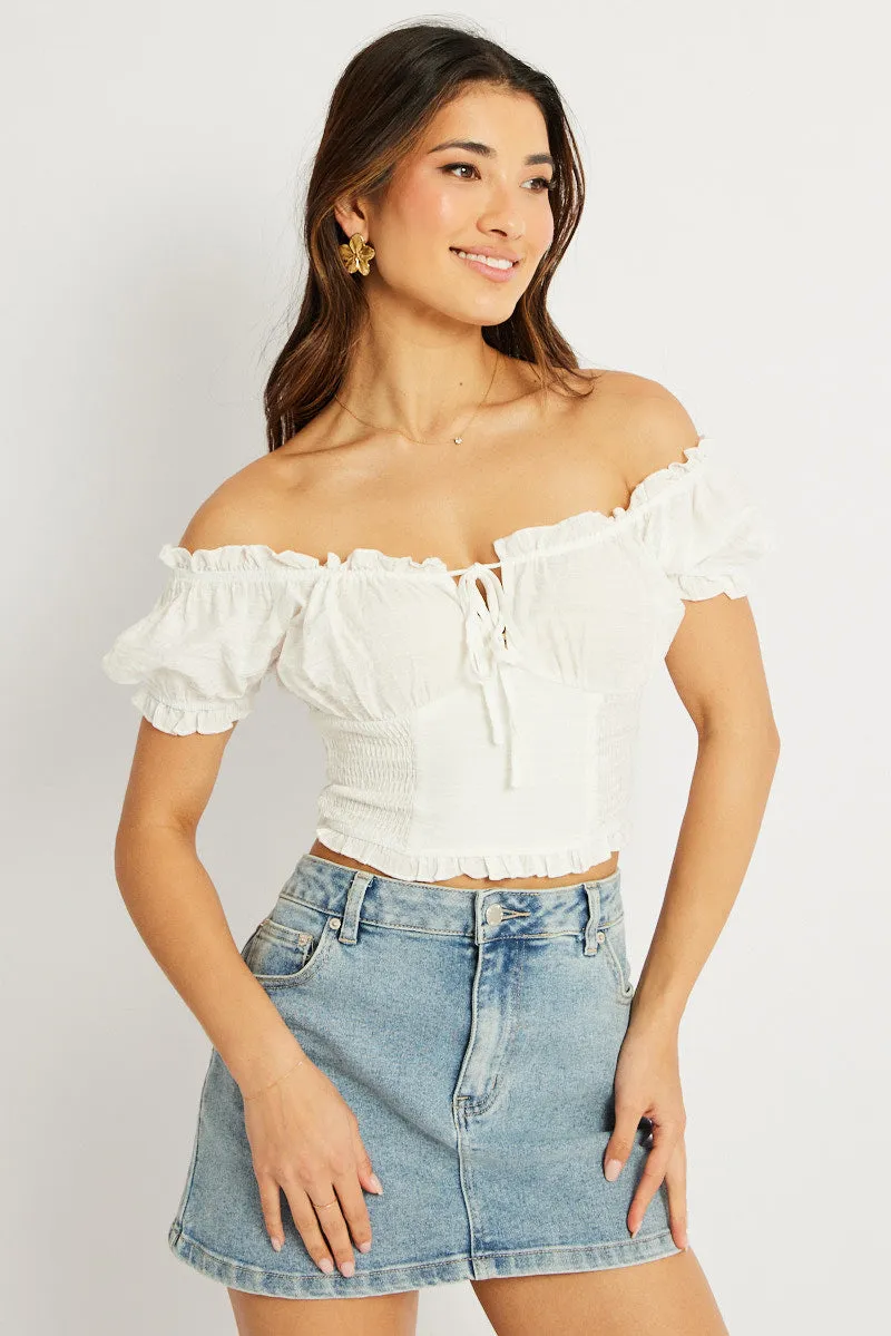 White Crop Top Short Sleeve Shirred Waist sold by Ally Fashion product image thumbnail 3