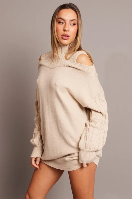 Beige Knit Dress High Neck Jumper Mini made by Ally Fashion