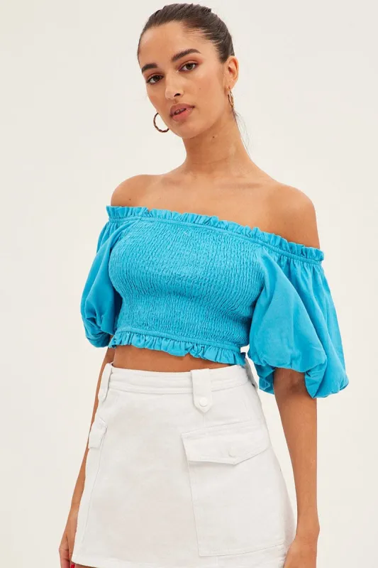 Blue Shirred Top Volume Short Sleeve Crop Linen Blend sold by Ally Fashion