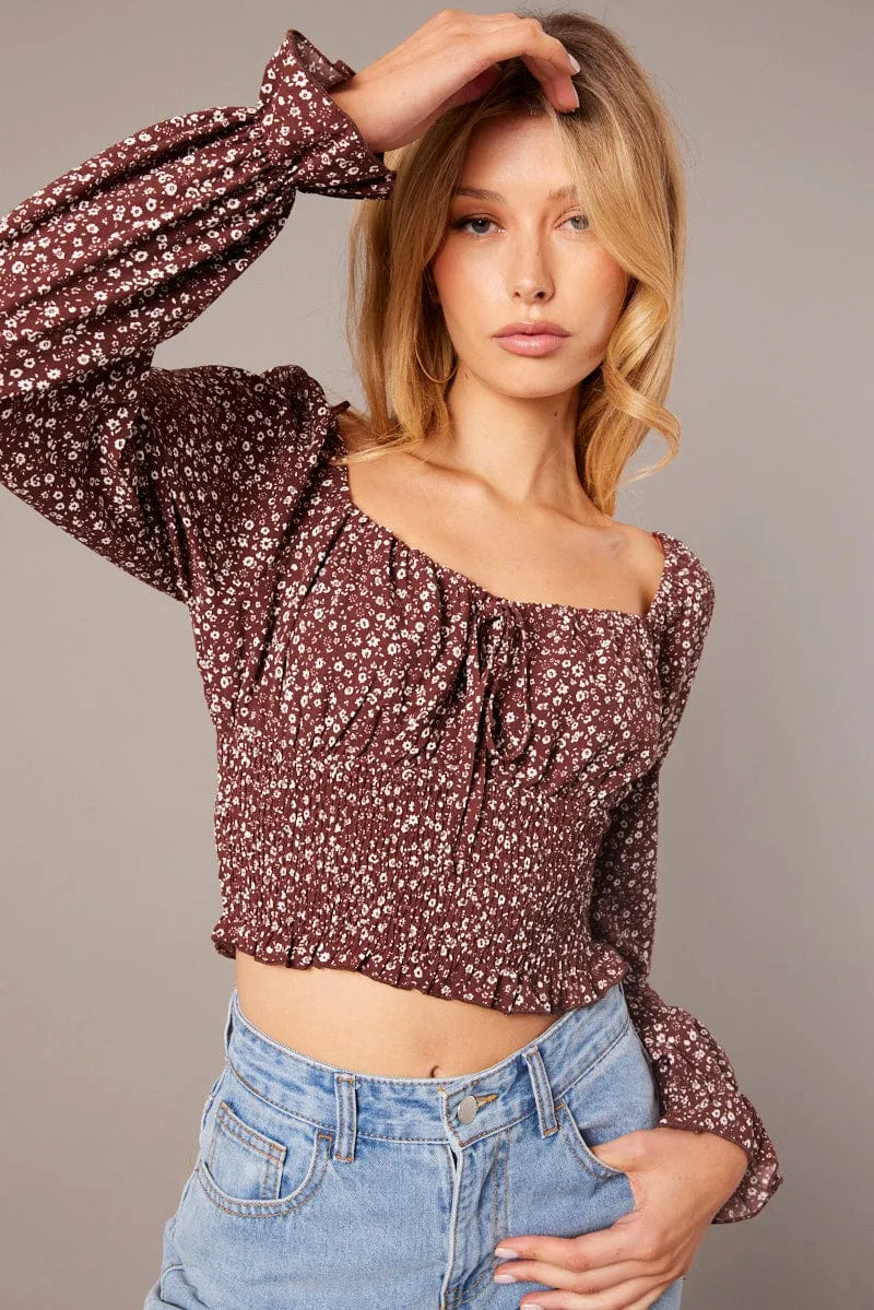 Brown Ditsy Crop Top Long Sleeve Shirred Waist sold by Ally Fashion