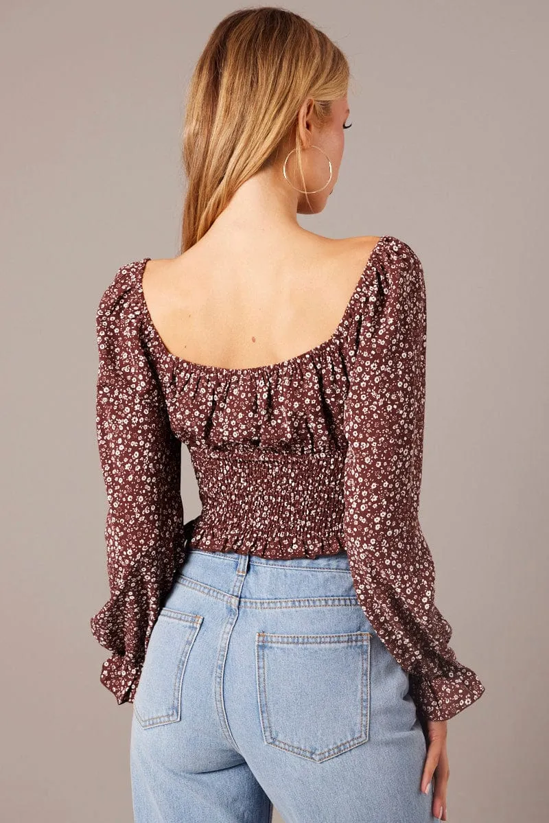 Brown Ditsy Crop Top Long Sleeve Shirred Waist sold by Ally Fashion product image thumbnail 5