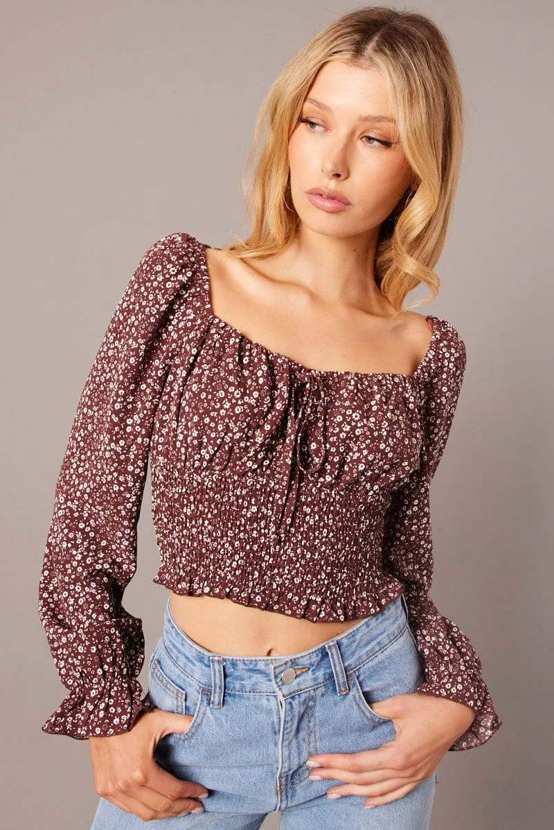 Brown Ditsy Crop Top Long Sleeve Shirred Waist sold by Ally Fashion product image thumbnail 3