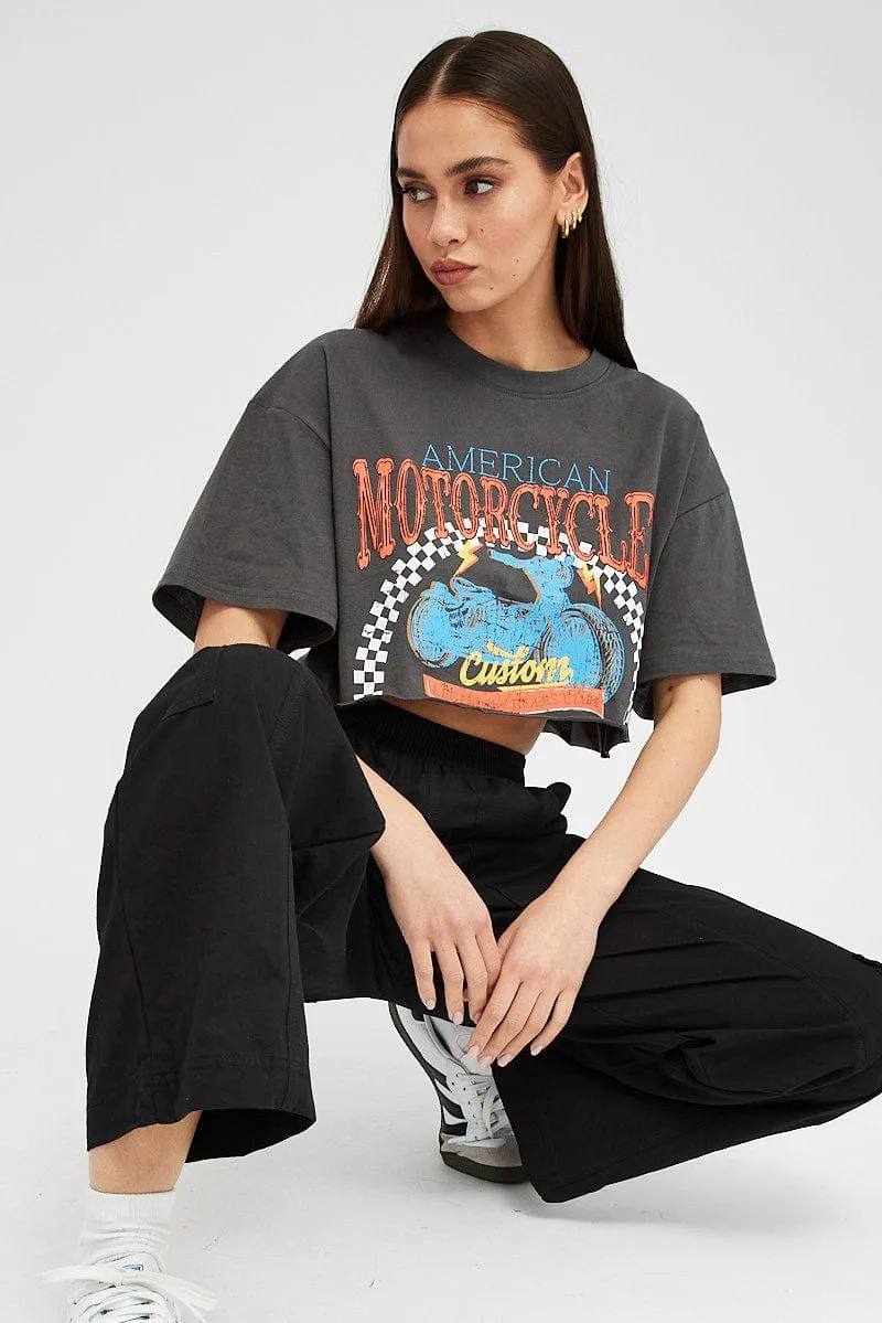 Grey Motocross Tee Biker Racing Graphic Crop T-shirt sold by Ally Fashion