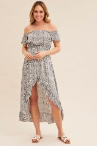 Print Midi Dress Short Sleeve Shirred Off Shoulder sold by Ally Fashion