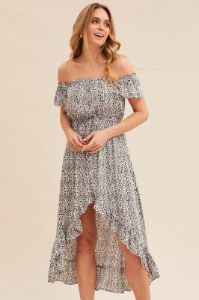 Print Midi Dress Short Sleeve Shirred Off Shoulder sold by Ally Fashion
