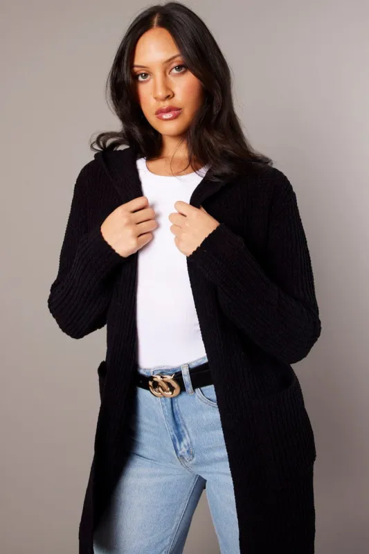 Black Knit Cardigan Hooded Longline Chenille sold by Ally Fashion
