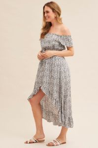 Print Midi Dress Short Sleeve Shirred Off Shoulder sold by Ally Fashion