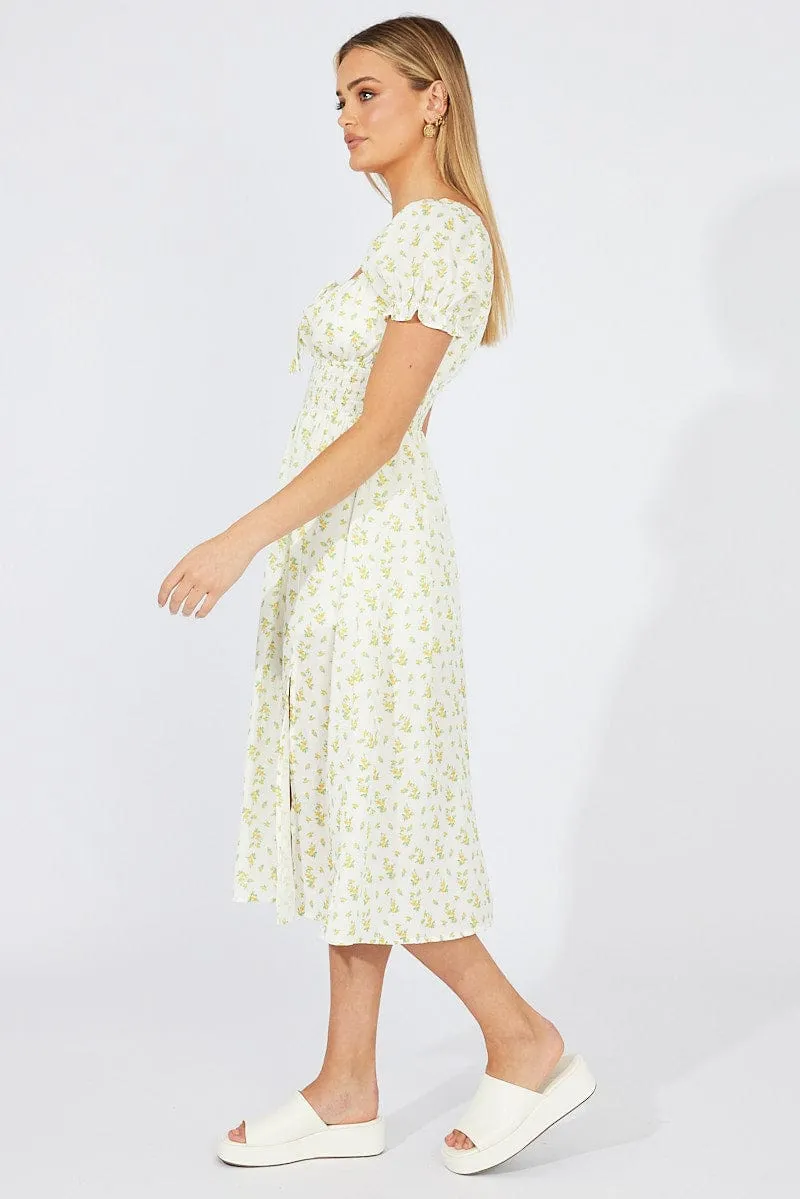 White Ditsy Midi Dress Short Sleeve Shirred Waist sold by Ally Fashion product image thumbnail 4