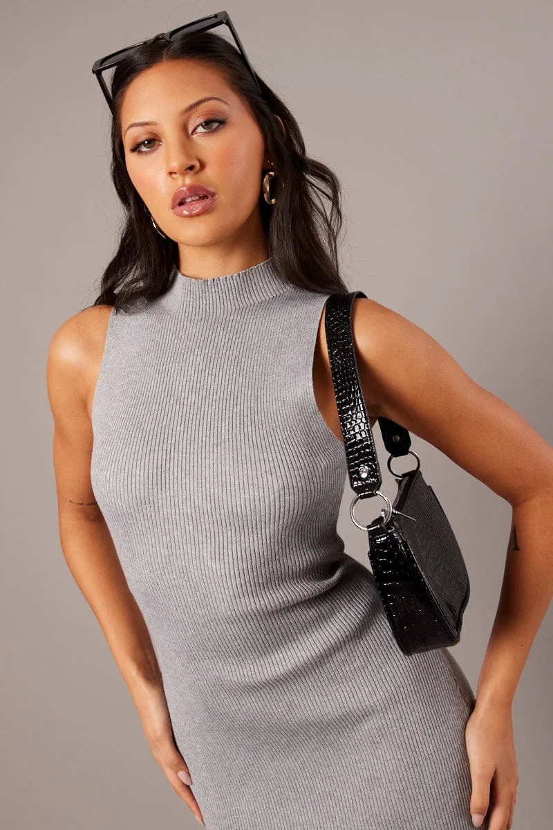 Grey High Neck Knit Dress Midi sold by Ally Fashion product image thumbnail 2
