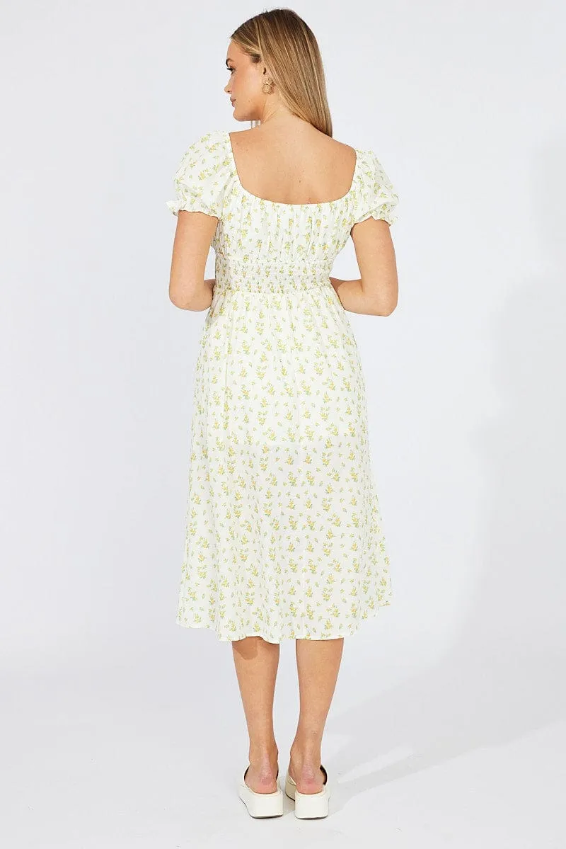 White Ditsy Midi Dress Short Sleeve Shirred Waist sold by Ally Fashion product image thumbnail 5