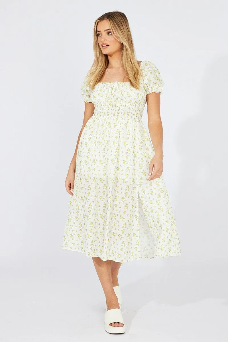 White Ditsy Midi Dress Short Sleeve Shirred Waist sold by Ally Fashion product image thumbnail 2