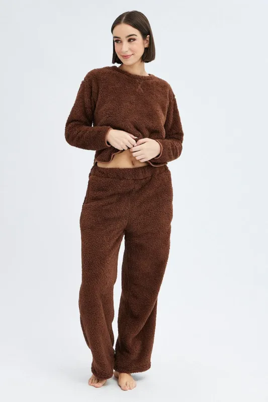 Brown Fluffy PJ Fleece Cosy Pyjama Set sold by Ally Fashion