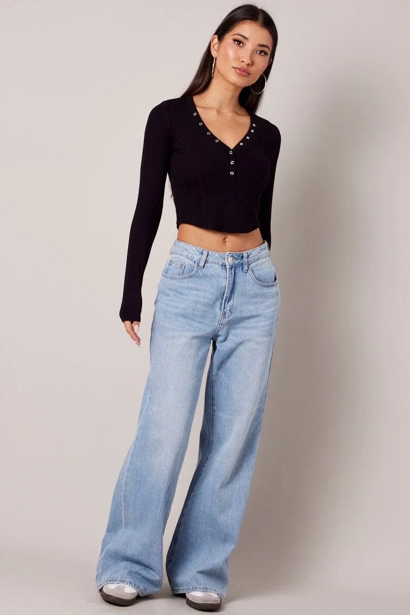 Black V Neck Top Long Sleeve Button Front sold by Ally Fashion product image thumbnail 2