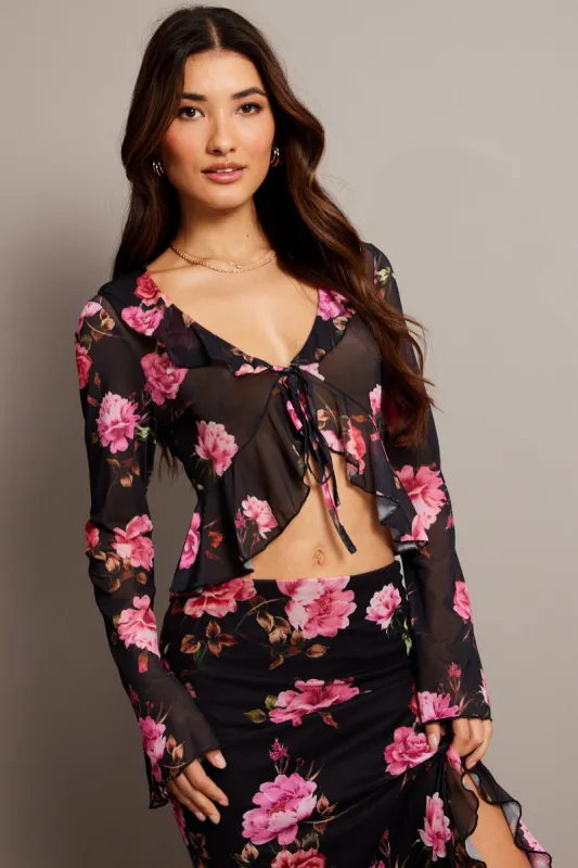 Black Floral Tie Front Frill Top Long Sleeve Mesh sold by Ally Fashion