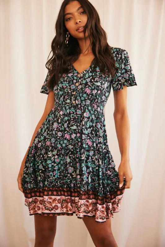 Black Mini Dress Fit & Flare Short Sleeve V-Neck sold by Ally Fashion