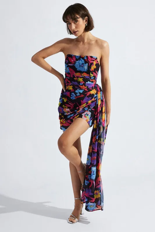 Multi Floral Sash Bandeau Draped Chiffon Dress sold by Ally Fashion