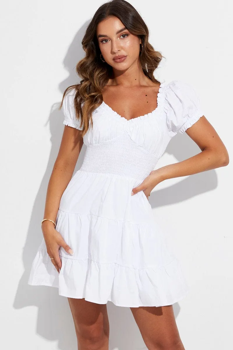 White Skater Dress Short Puff Sleeve V Neck Cotton sold by Ally Fashion product image thumbnail 3