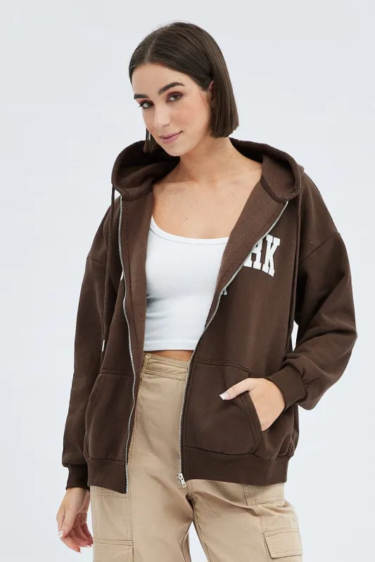 Brown Zip Hoodie Long Sleeve New York Applique sold by Ally Fashion