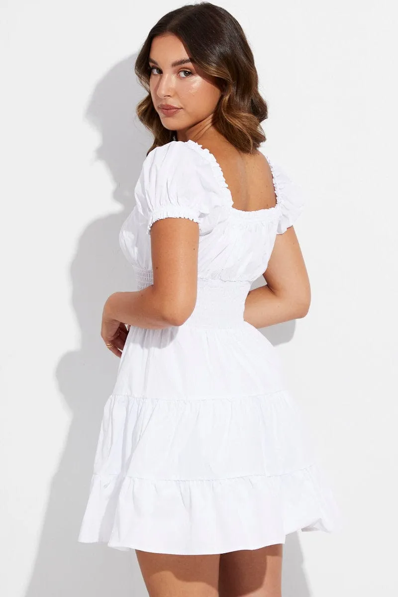 White Skater Dress Short Puff Sleeve V Neck Cotton sold by Ally Fashion product image thumbnail 5