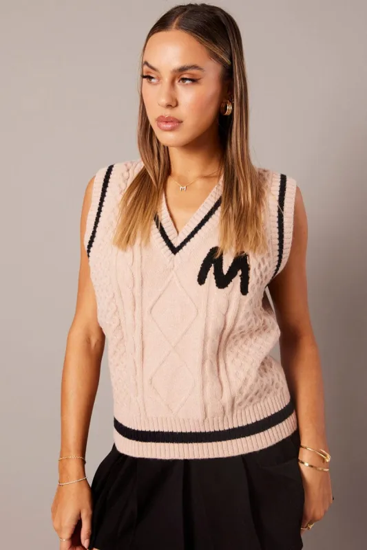 Beige Knit Vest Sleeveless V Neck Cable sold by Ally Fashion