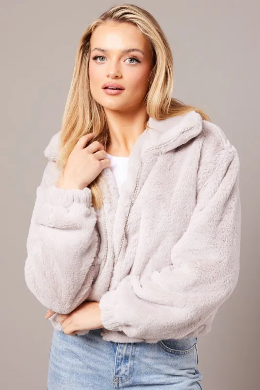 Grey Plush Faux Fur Zip Through Long Sleeve Jacket sold by Ally Fashion